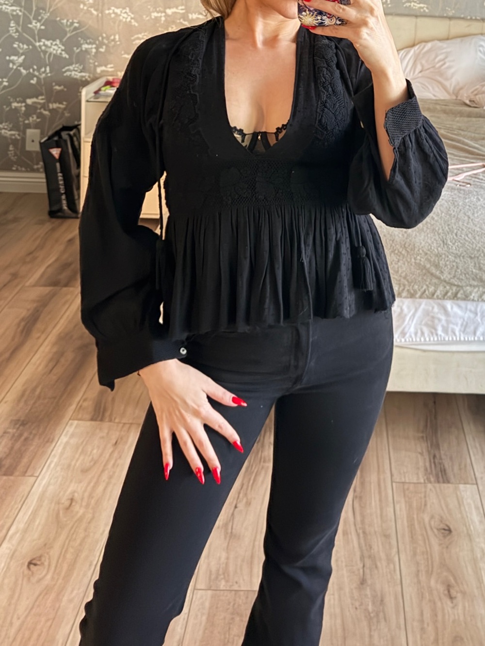 Free People Black Peasant Smocked V-Neck Top